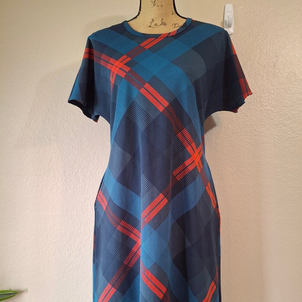 NWOT LuLaRoe Plaid A-Line Dress M Pockets Blue Knee Length